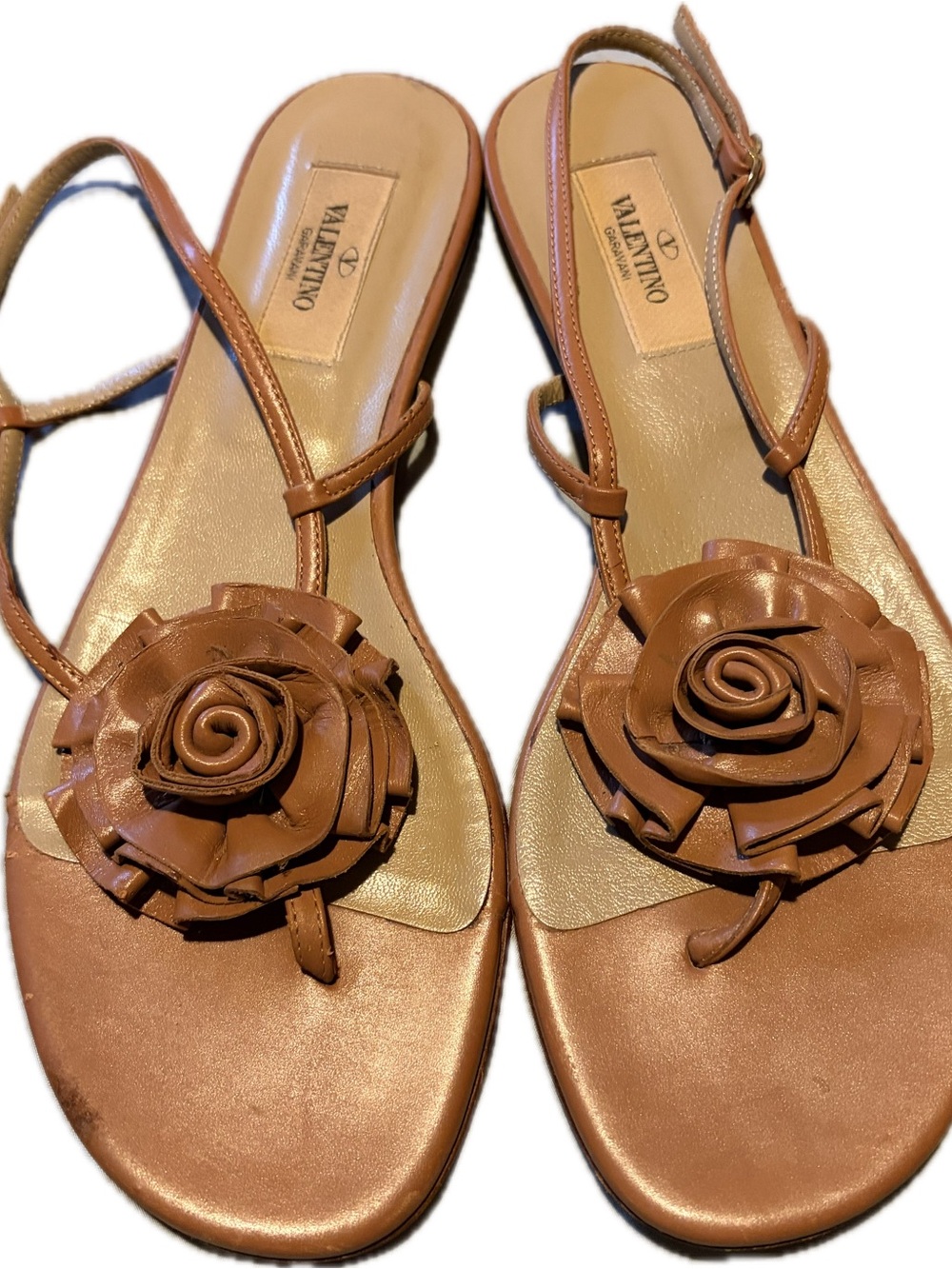 Valentino Garavani Brown Leather Floral Thong Sandals - Women's